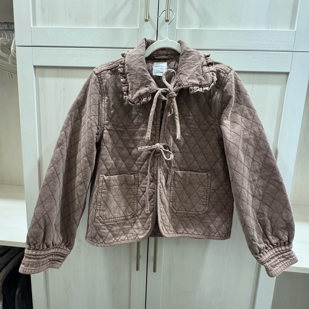 Seventy + Mochi Heidi Jacket in Washed Mocha Brown quilted denim tie front Small - Picture 6 of 13